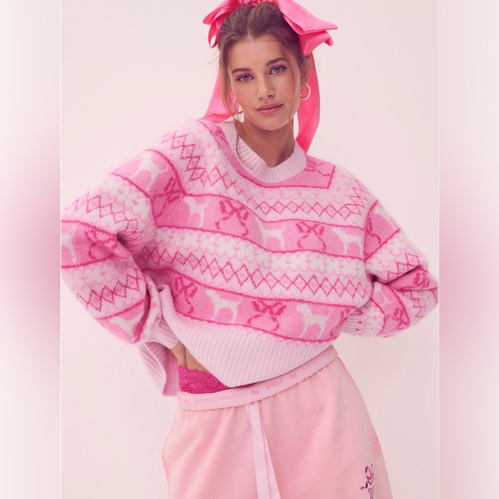 PINK x LoveShackFancy Boxy Sweater Pink Tulip Fairisle Small